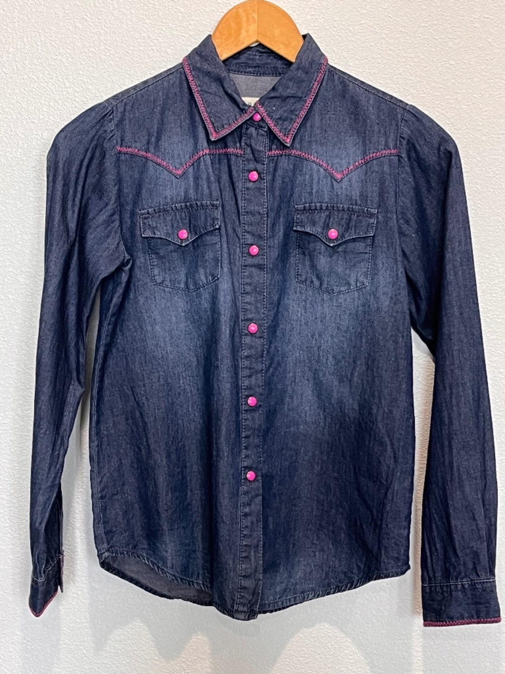 Roper Girls Dark Denim Pearl Snap Western Shirt Pink Stitching Size L 10-12 EPOC